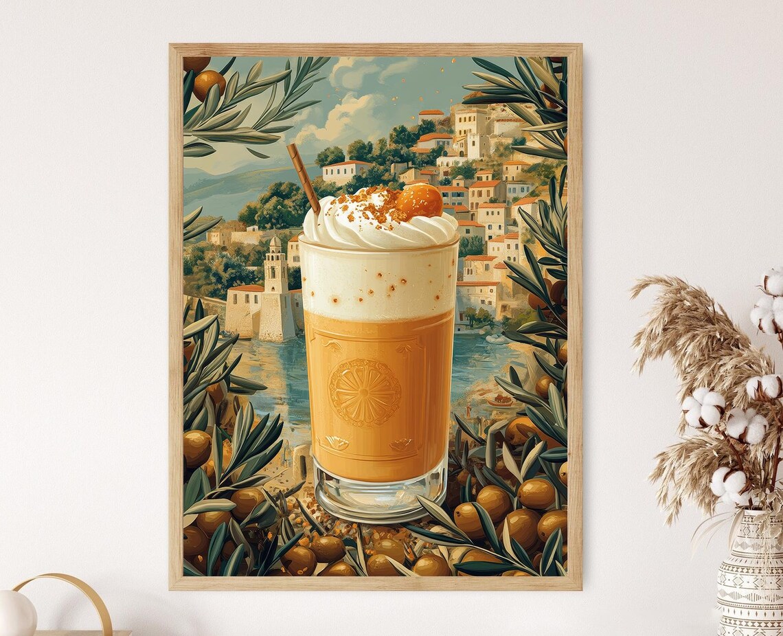Greek Frappe with Olive Branches, Sea View Art Print