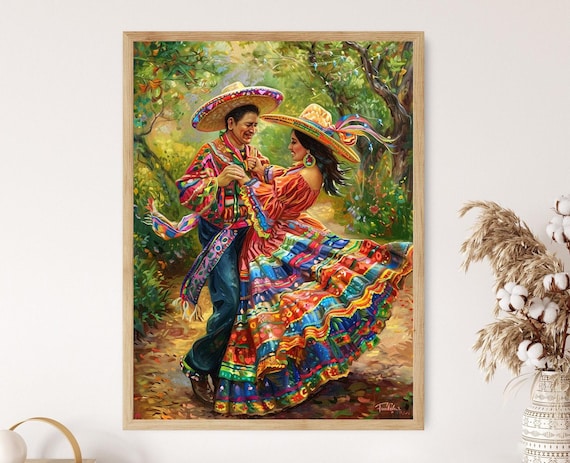 Mexican Folk Dance Couple in Colorful Sombreros and a Ruffled Dress Poster