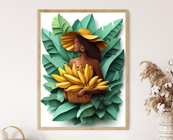 Tahitian Woman Art Print Banana Basket Illustration