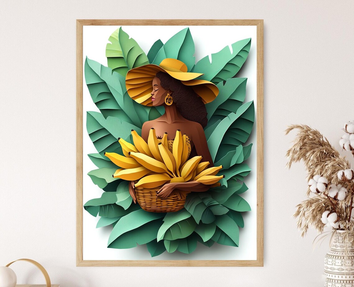 Tahitian Woman Art Print Banana Basket Illustration