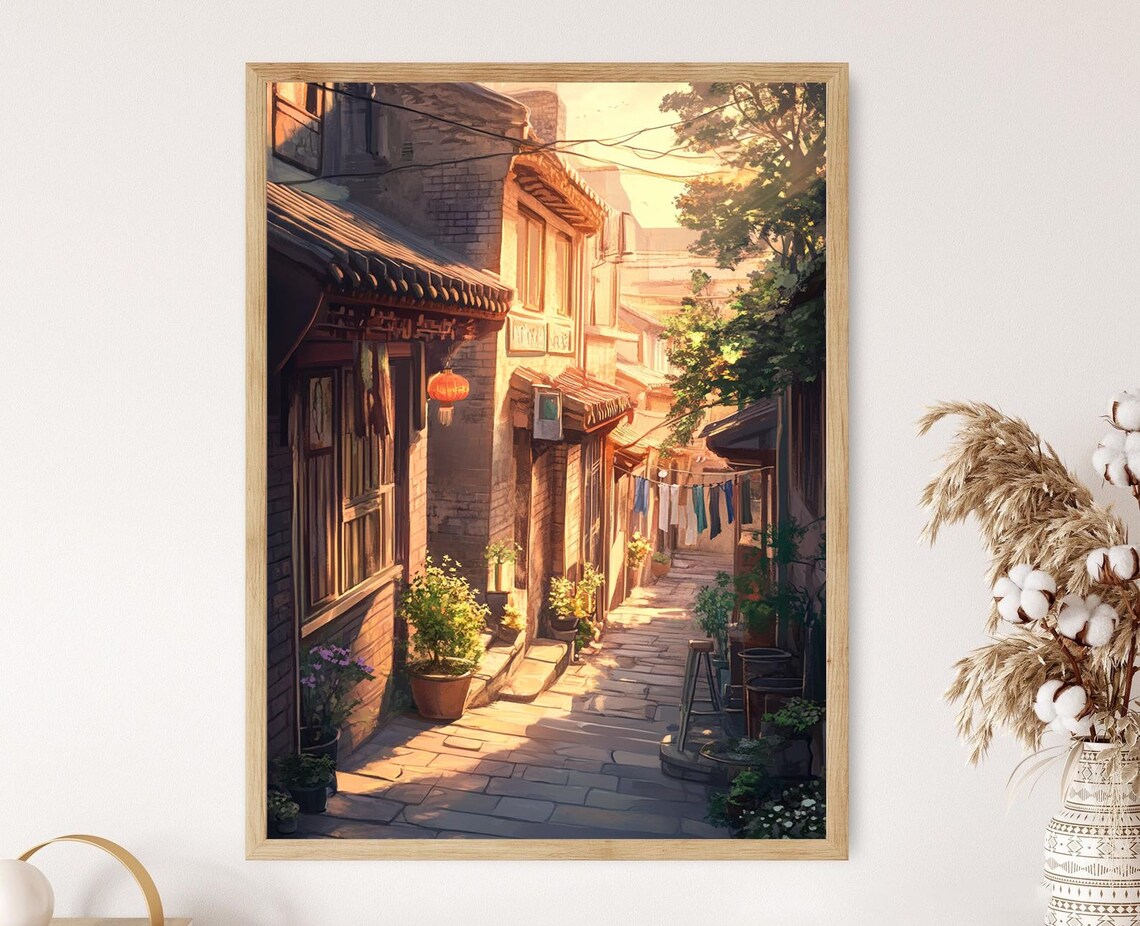 Hutong Sunset, Golden Light Traditional Alley Art Print