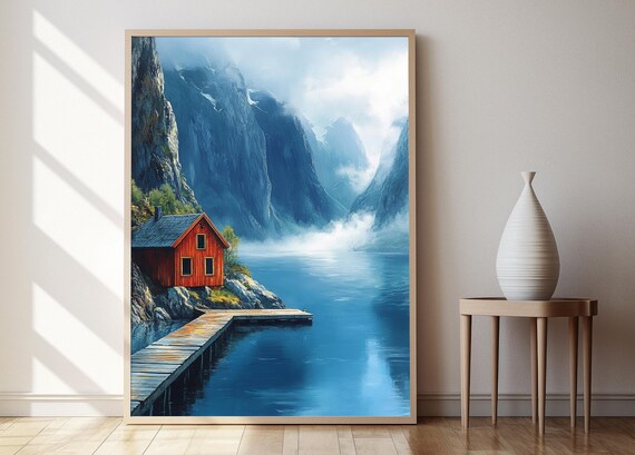 Norwegian Fjord House Art Print Scenic Scandinavian Decor Poster
