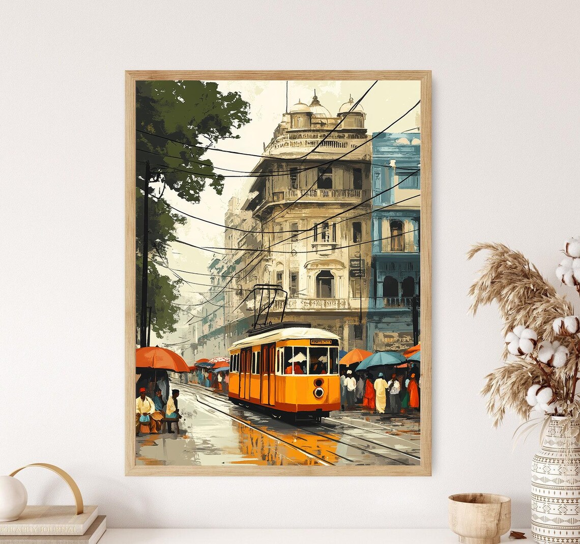 Kolkata Tram Street Scene Illustration Art Print