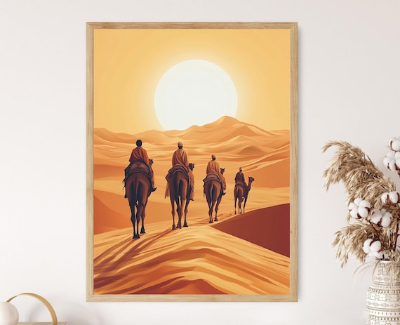 Sudanese Camel Caravan Four Riders Crossing Desert Dunes Sunset Poster