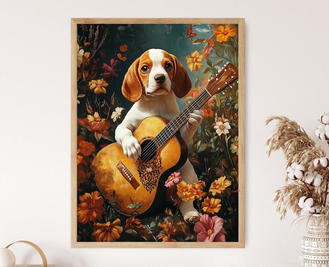 Beagle Playing A Guitar, Funny Animal Print