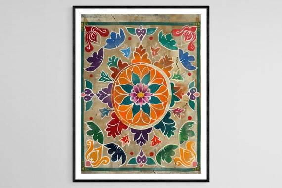 Rangoli Pattern Art Poster Bright Mandala Indian Design Wall Decor For Home Traditional Gift