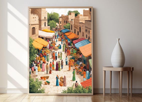 Rajasthan Village Market Art Print Traditional Indian Life