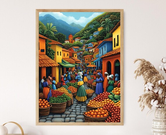 Madagascar Marketplace Illustration Colorful Farm Market Painting African Fruit Art Wall Art For Kitchen African Restaurant Decor