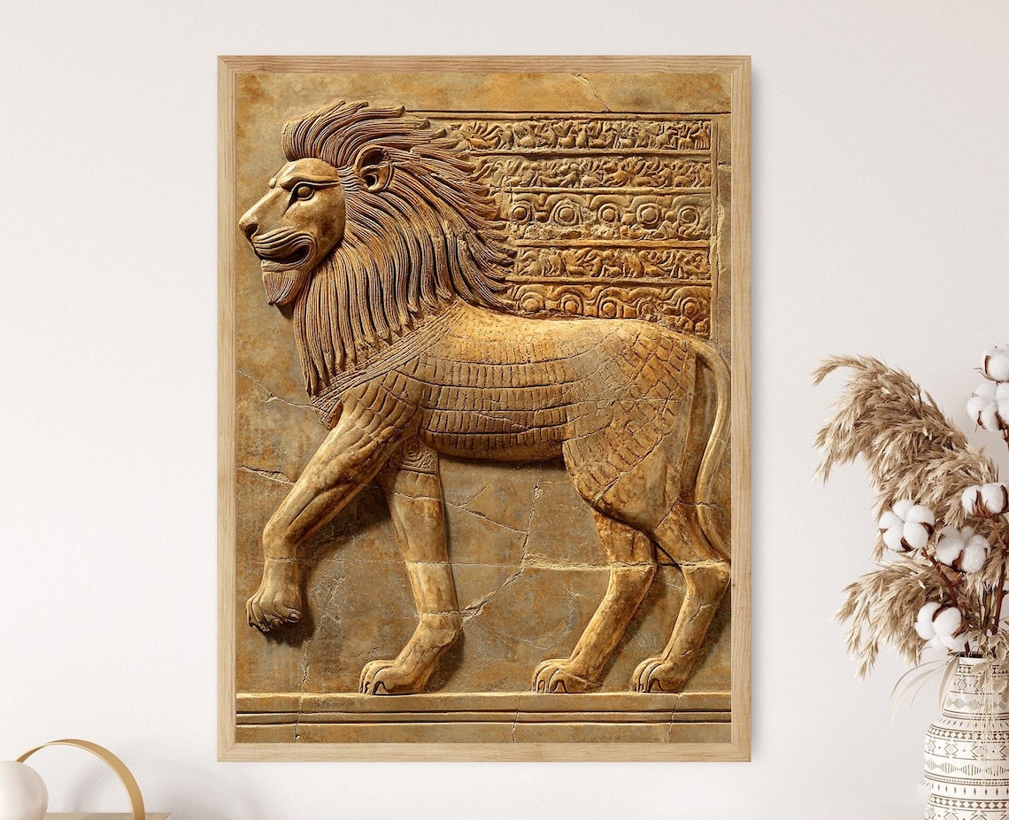 Babylonian Lion Relief Art Print, Symbol of Strength