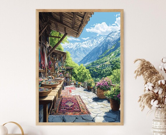 Hunza Souvenir Shop Art Print Wool Shawl Decor Poster Gemstone Jewelry Illustration