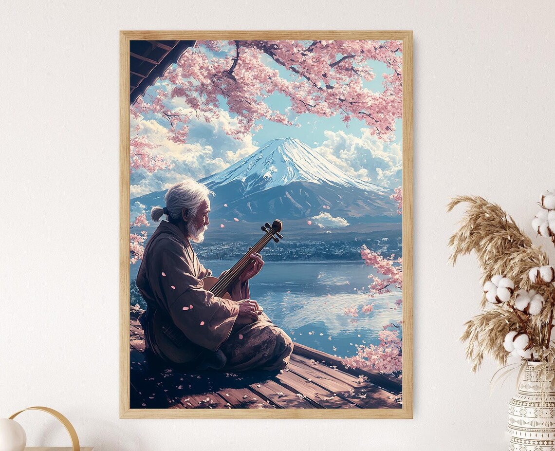 Biwa Player By Mount Fuji, Japanese Music Decor