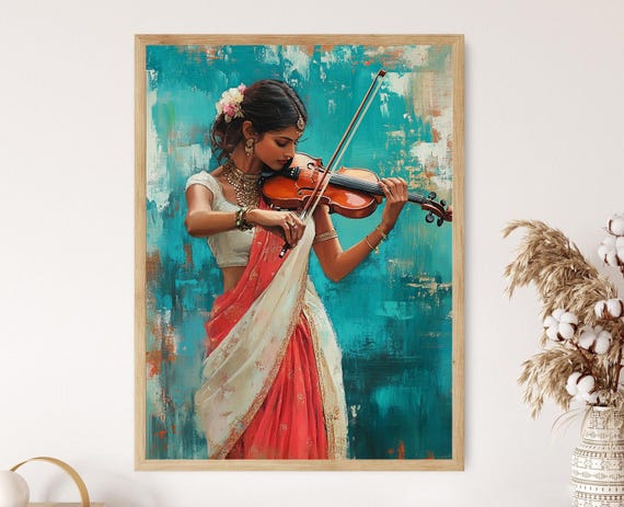 Indian Women In Saree Playing Violin Elegant Cultural Portrait Boho Desi Wall Art
