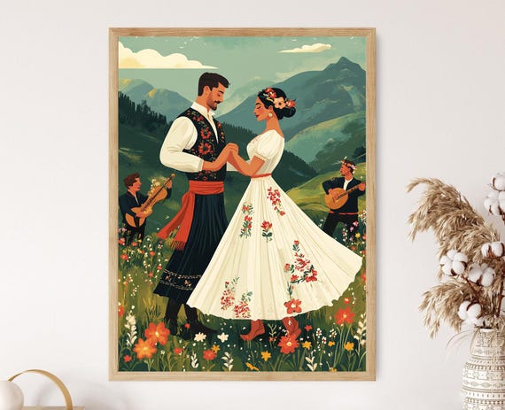 Macedonian Teshkoto Dance Couple Art Print Traditional Balkan Scene Cultural Heritage Decor