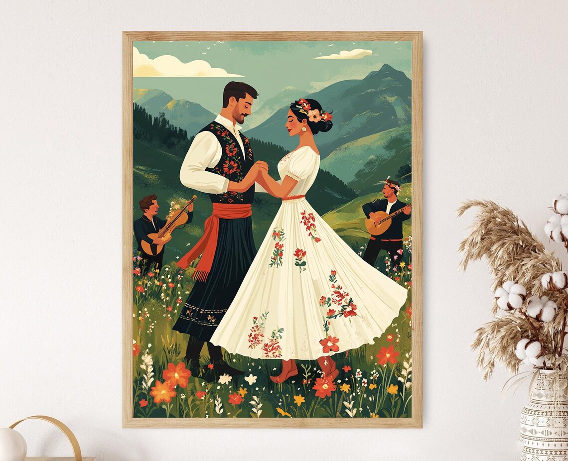 Macedonian Teshkoto Folk Dance Couple in a Green Mountain Meadow Poster