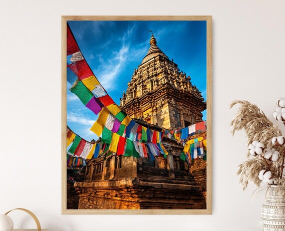 Nepalese Carved Temple Tower Colorful Prayer Flags Blue Sky Poster