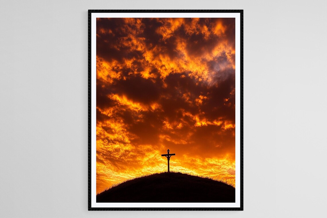 Cross On Hill, Dramatic Sunset Jesus Sacrifice