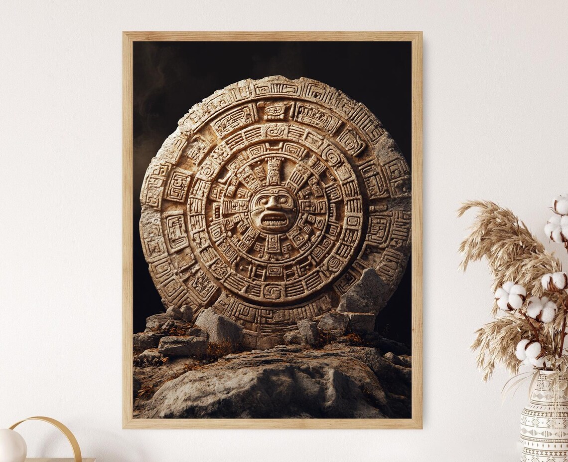 Aztec Calendar Stone Art Print, Detailed Carvings