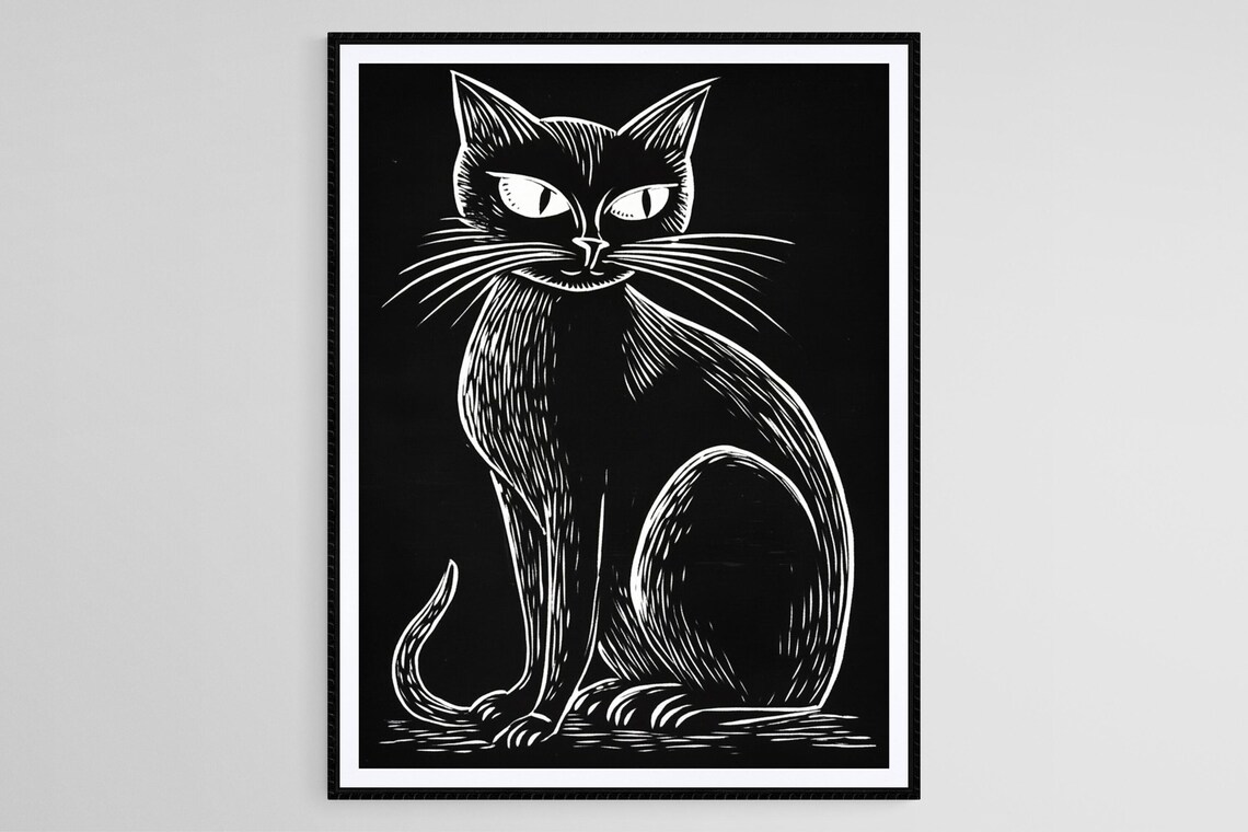 Black Cat Linocut Print, Gothic Halloween Decor