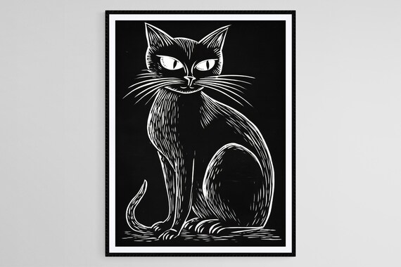 Black Cat Linocut Print, Gothic Halloween Decor