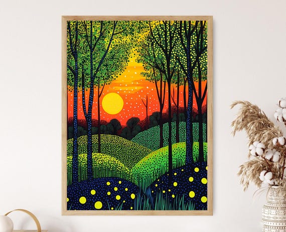 Yayoi Kusama Forest Vibrant Dot Art Forest Print Sunset Landscape Illustration Pointillism Nature Wall Decor