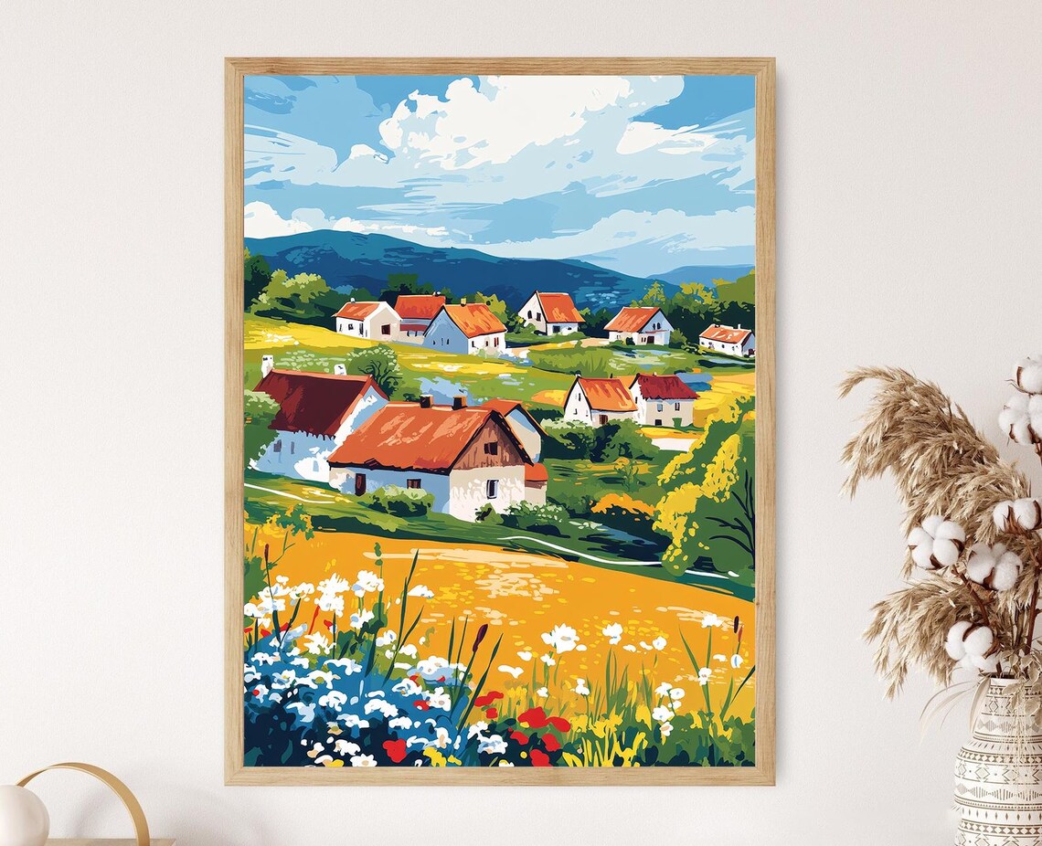 Hlebine Village Croatian Naive Art Landscape Print