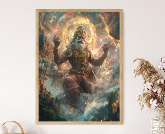 Brahma Four Faced Deity Art Cosmic Hindu God Ethereal Landscape Print