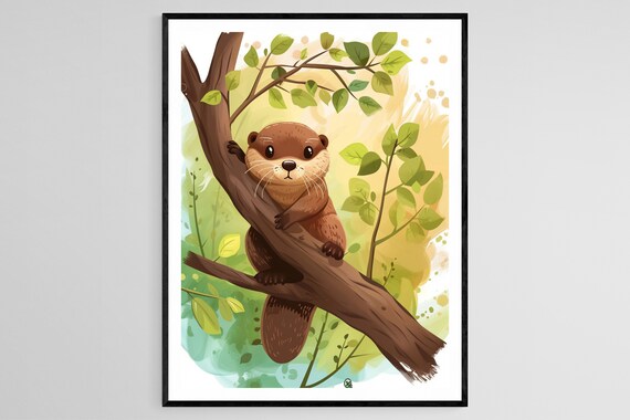 Whimsical Baby Otter on Leafy Green Branch Watercolor Nursery Poster
