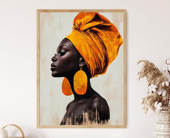 African Woman Portrait Bold Yellow Headwrap Art Print Elegant Afrocentric Wall Art