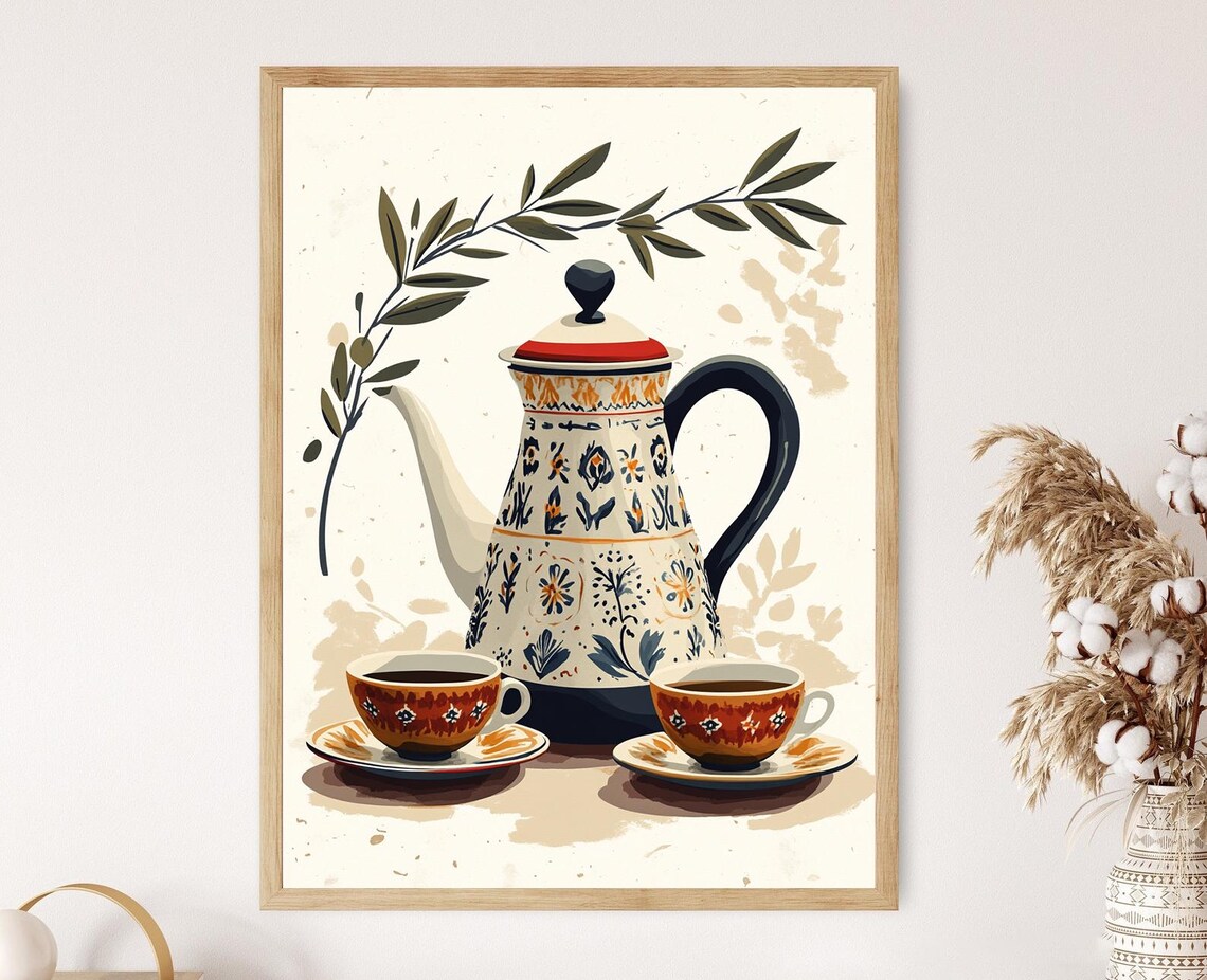 Lebanese Coffee Pot Flat Vector Art Print Traditional Kitchen Ornament Decor Middle Eastern Artwork