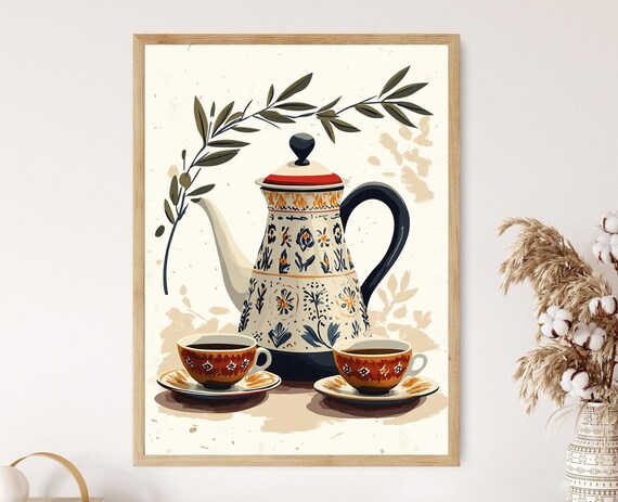 Lebanese Coffee Pot Flat Vector Art Print Traditional Kitchen Ornament Decor Middle Eastern Artwork