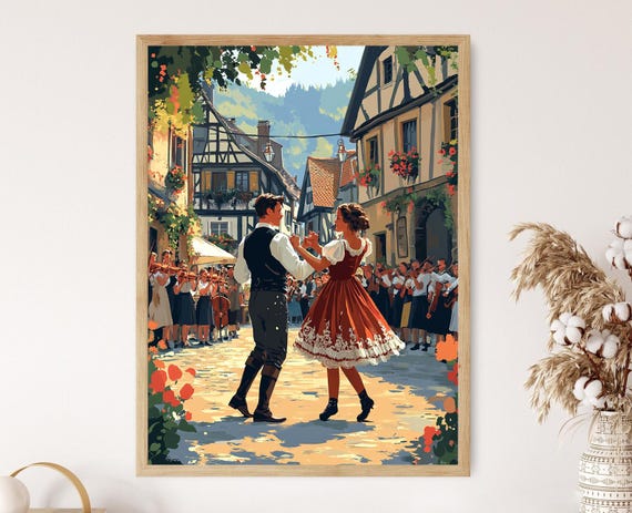 German Zwiefacher Dance Art Print Swabian Folk Festival Traditional Village Scene