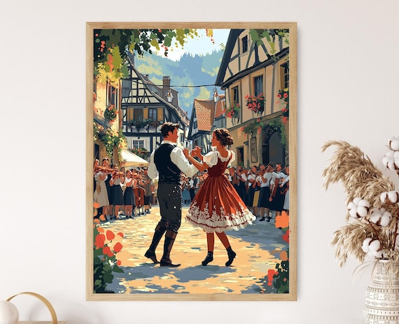 German Zwiefacher Folk Dance Couple on a Half Timbered Village Street Poster
