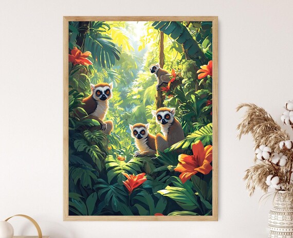 Four Ring Tailed Lemurs In A Sunlit Madagascar Jungle Poster