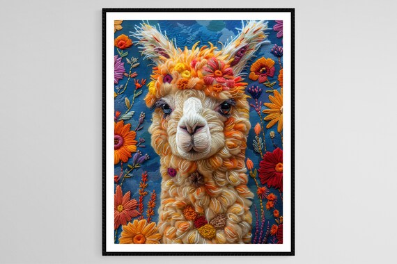 Embroidered Alpaca Portrait in Colorful Floral Meadow Poster