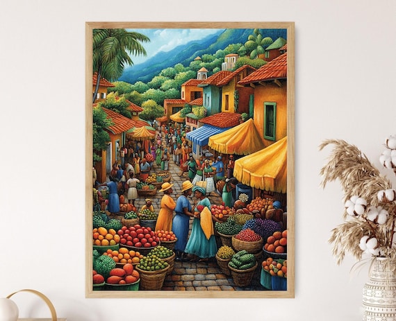 Comoros Marketplace Illustration Colorful Farm Market Painting African Fruit Art Wall Art For Kitchen African Restaurant Decor