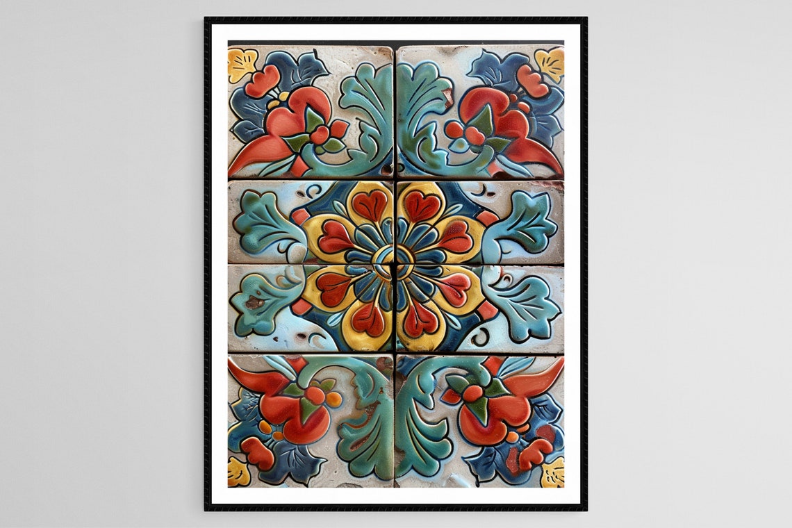 Traditional Bulgarian Ceramic Tile Pattern Art Ornate Floral Design Print Bold Geometric Artwork