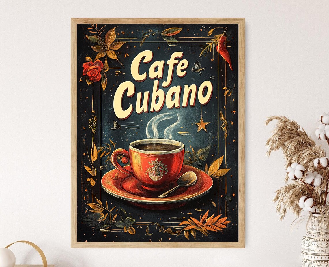 Vintage Cafe Cubano Art Print Cuban Coffee Illustration Retro Coffee Decor