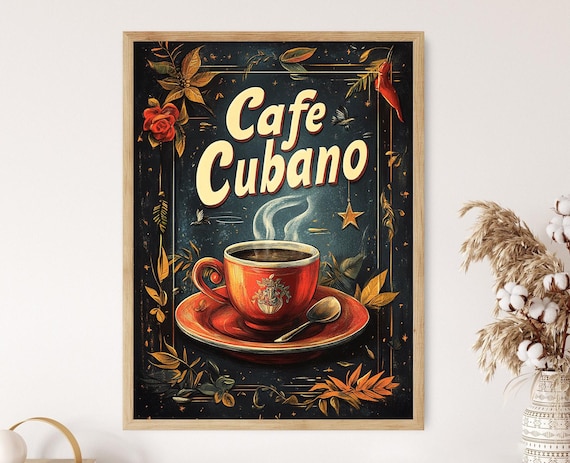 Vintage Cafe Cubano Art Print Cuban Coffee Illustration Retro Coffee Decor