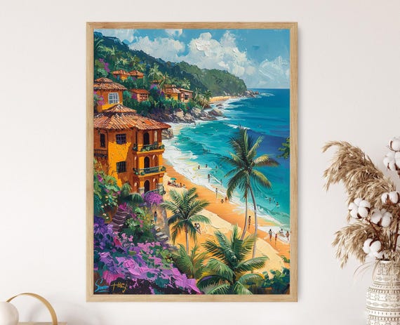 Lively Ecuador Village Painting Montaita Art Print Bustling Beachfront And Surf Culture