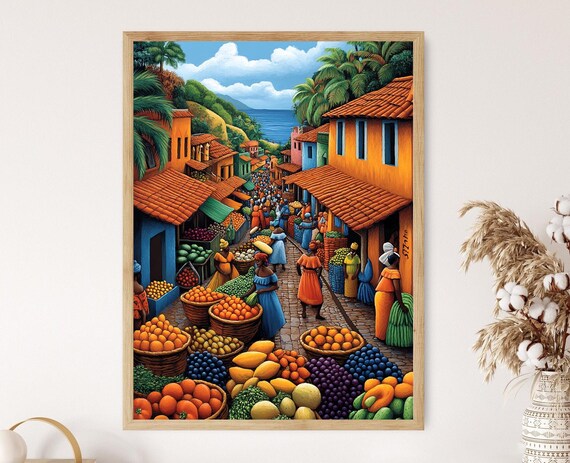 Sudan Marketplace Illustration Colorful Farm Market Painting African Fruit Art Wall Art For Kitchen African Restaurant Decor