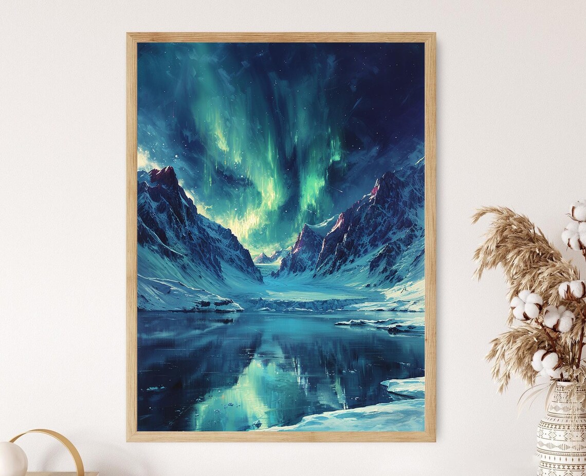 Northern Lights Dancing Over Serene Icelandic Landscape Painting