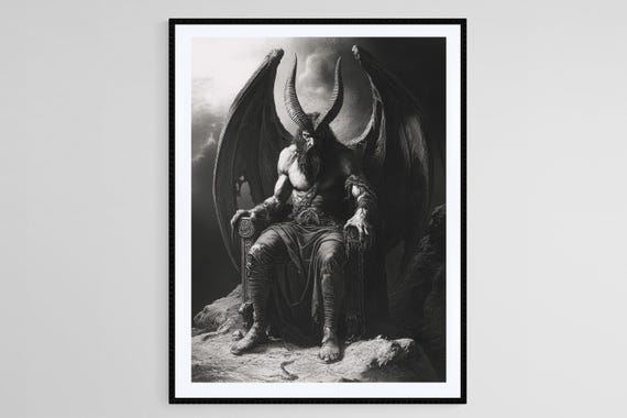 Lucifer Dark Gothic Demon Throne Black White Mythology Fantasy Wall Art