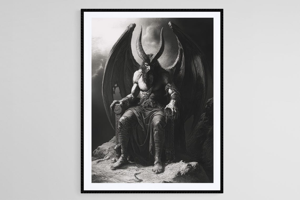 Lucifer Dark Gothic Demon Throne Black White Mythology Fantasy Wall Art