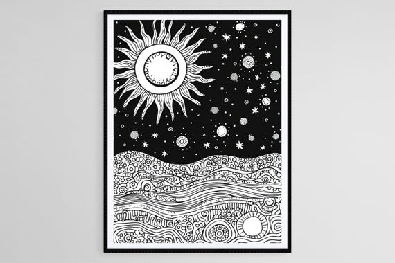 Cosmic Sun And River Linocut Print Black And White Abstract Art Space Inspired Home Decor