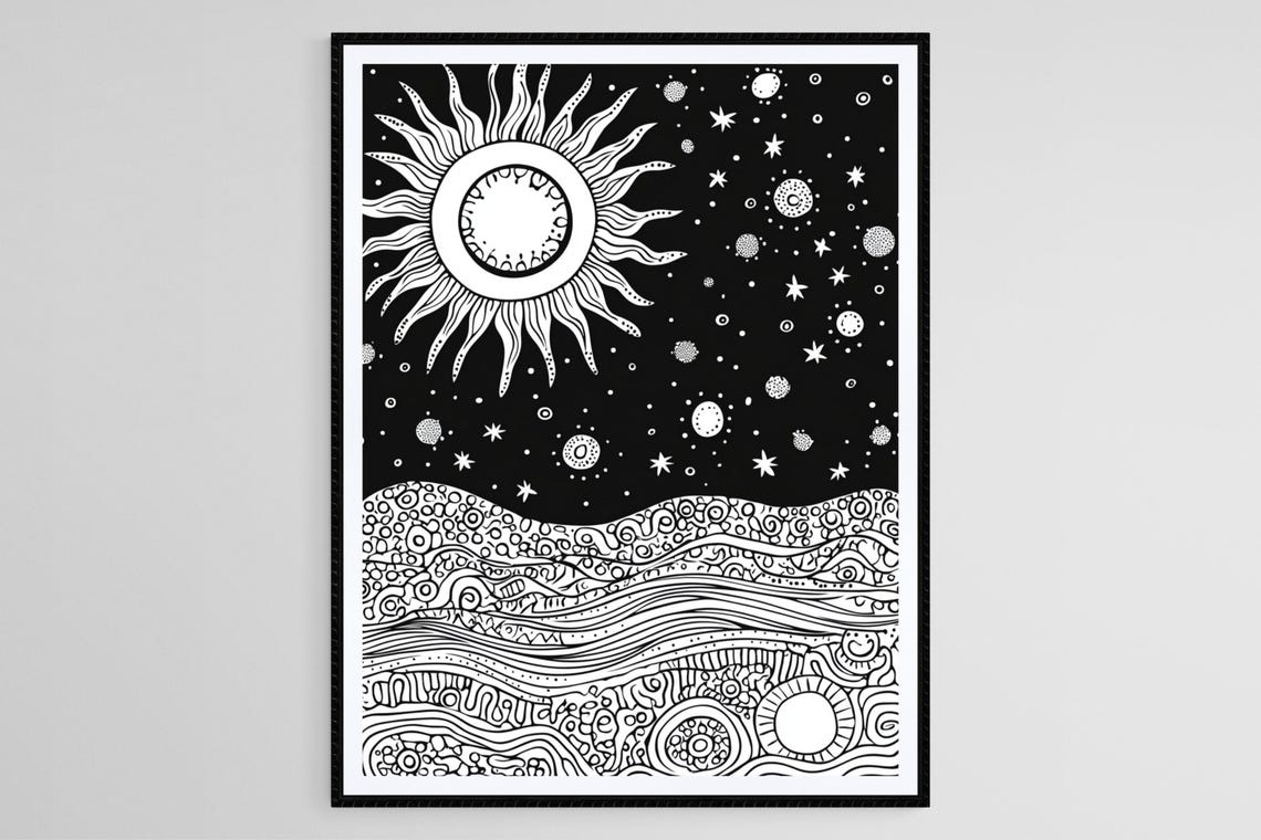 Cosmic Sun And River Linocut Print Black And White Abstract Art Space Inspired Home Decor
