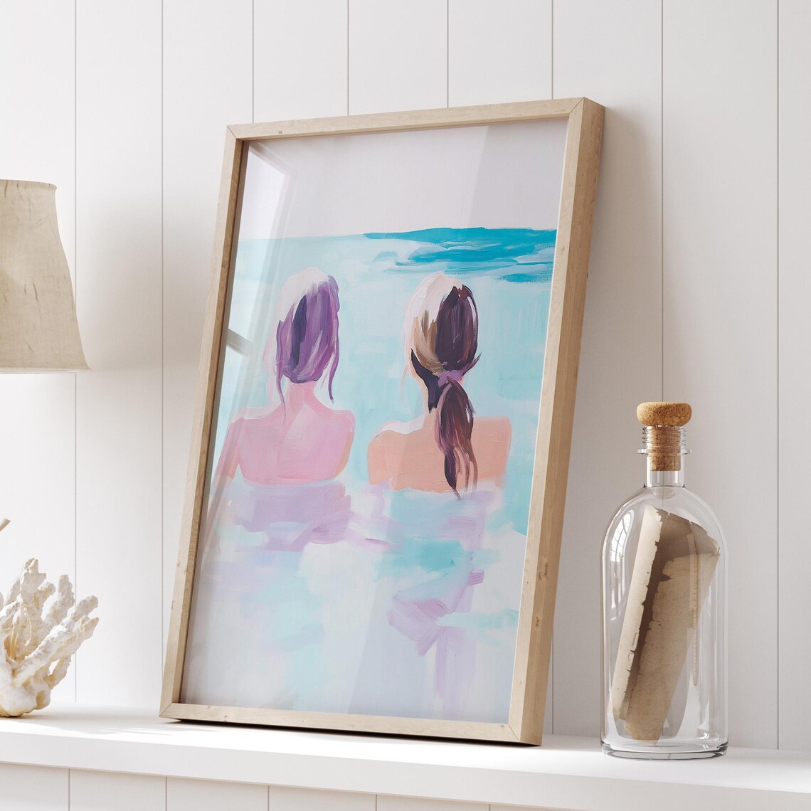 Two Women Swimming Pastel Ocean Poster Friendship Summer Decor - Image 5