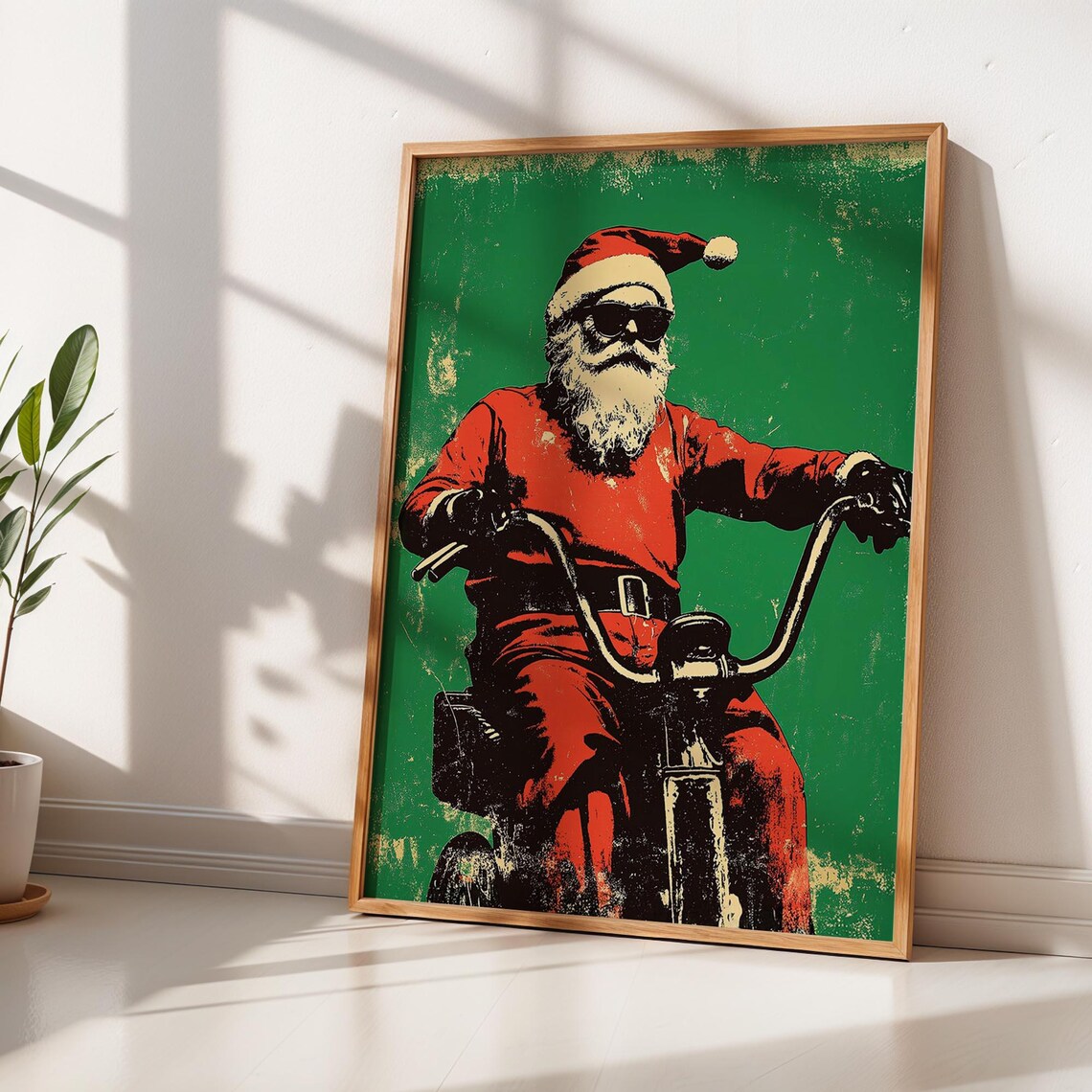 Cool Santa Claus Riding Motorcycle Sunglasses Retro Green Xmas Poster - Image 2