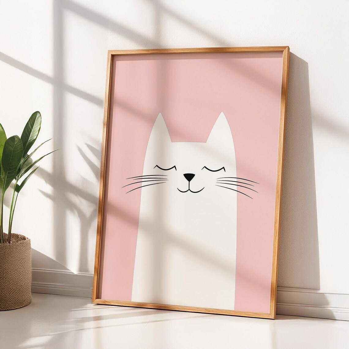 Minimalist White Cat Face On Blush Pink Kids Art Toddler Room Decor Poster - Image 2