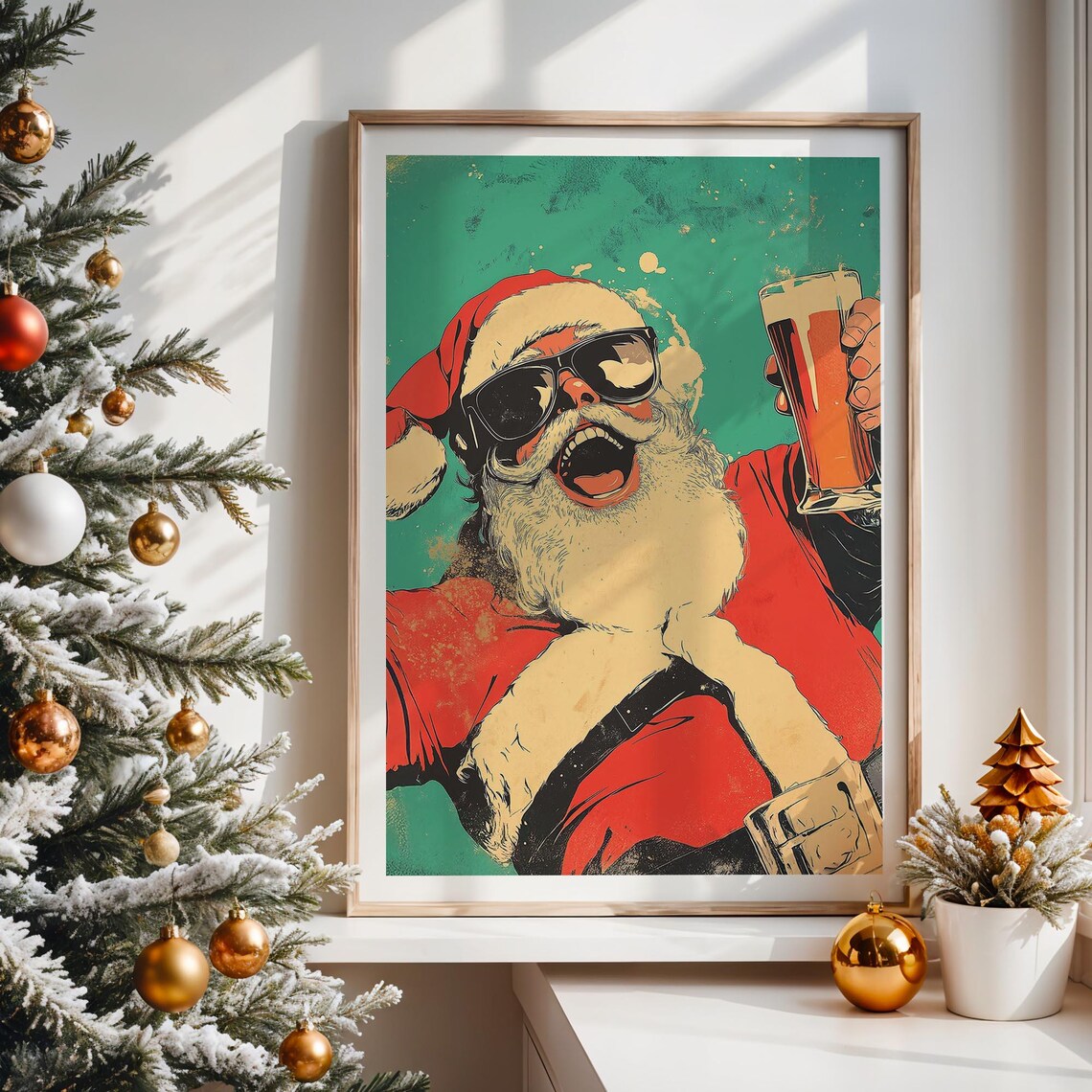 Retro Santa Claus Raising Beer Glass Sunglasses Laughing Xmas Poster - Image 5