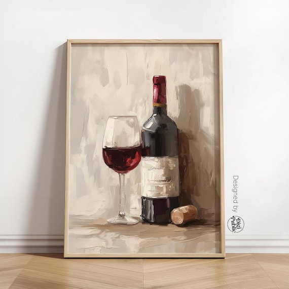 Red Wine Bottle And Glass Oil Painting Rustic Kitchen Poster